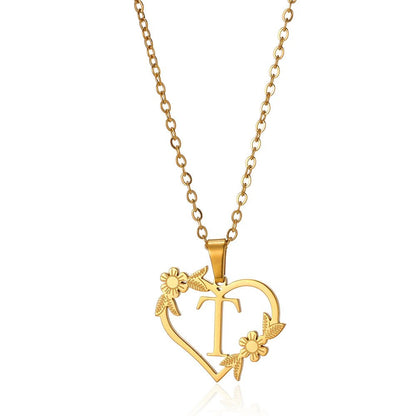 Delicate Floral Initial Heart Pendant Necklace