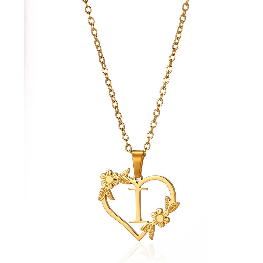 Delicate Floral Initial Heart Pendant Necklace