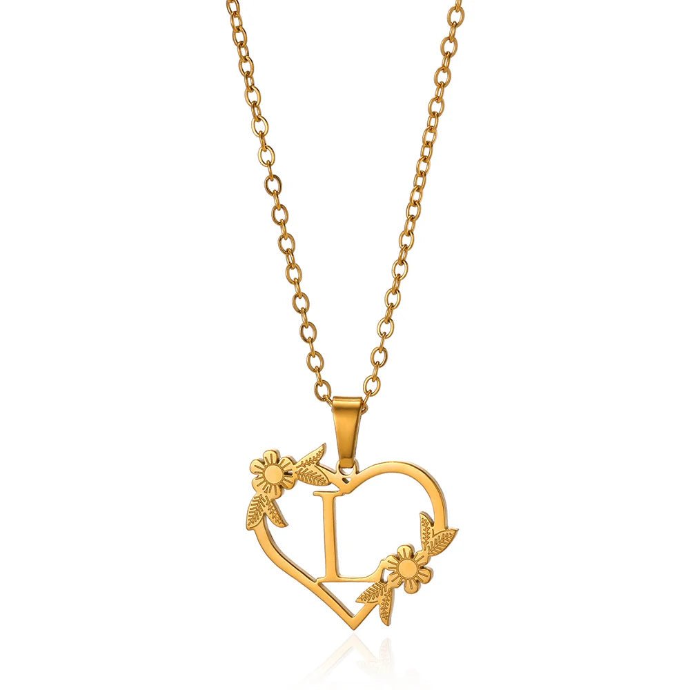 Delicate Floral Initial Heart Pendant Necklace