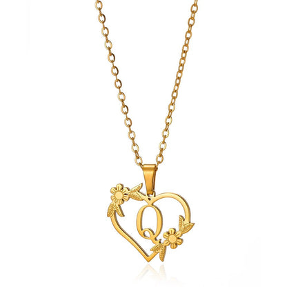 Delicate Floral Initial Heart Pendant Necklace