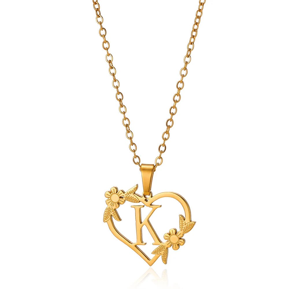 Delicate Floral Initial Heart Pendant Necklace