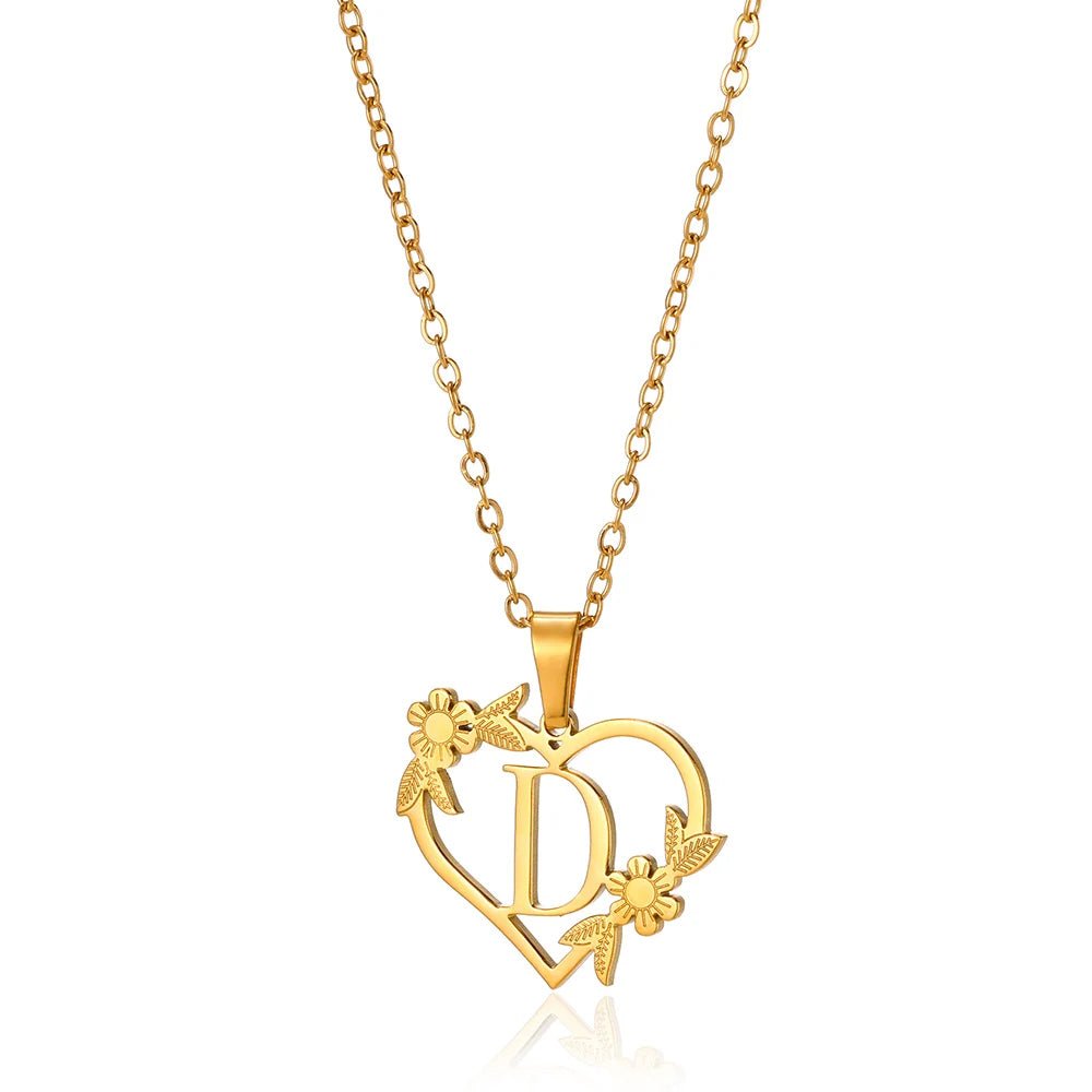 Delicate Floral Initial Heart Pendant Necklace