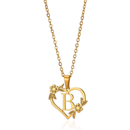 Delicate Floral Initial Heart Pendant Necklace