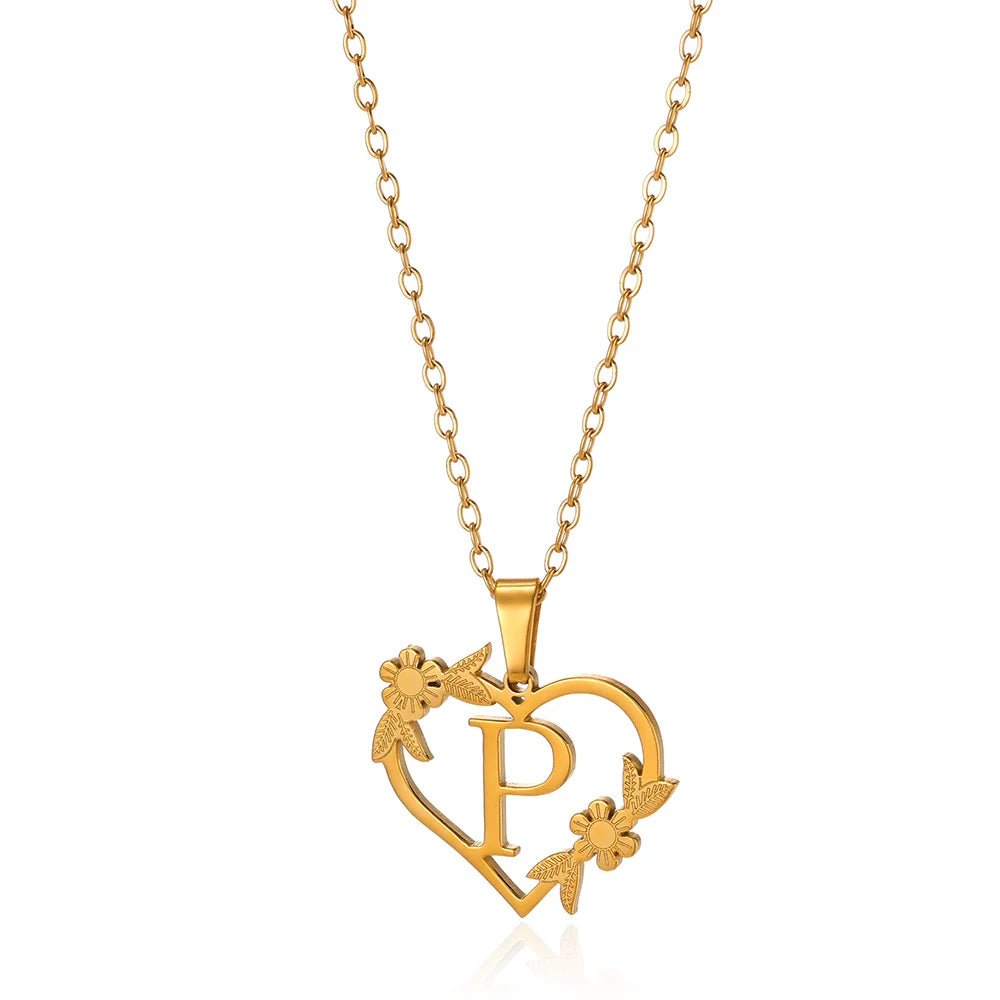 Delicate Floral Initial Heart Pendant Necklace
