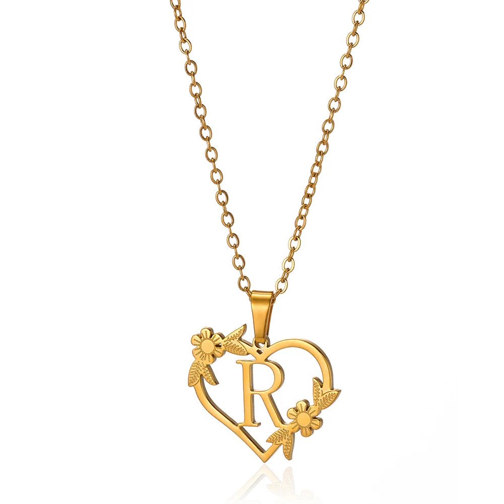 Delicate Floral Initial Heart Pendant Necklace