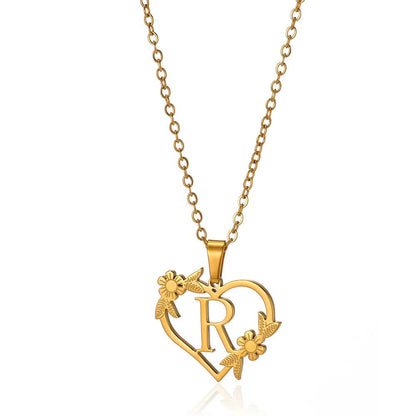 Delicate Floral Initial Heart Pendant Necklace