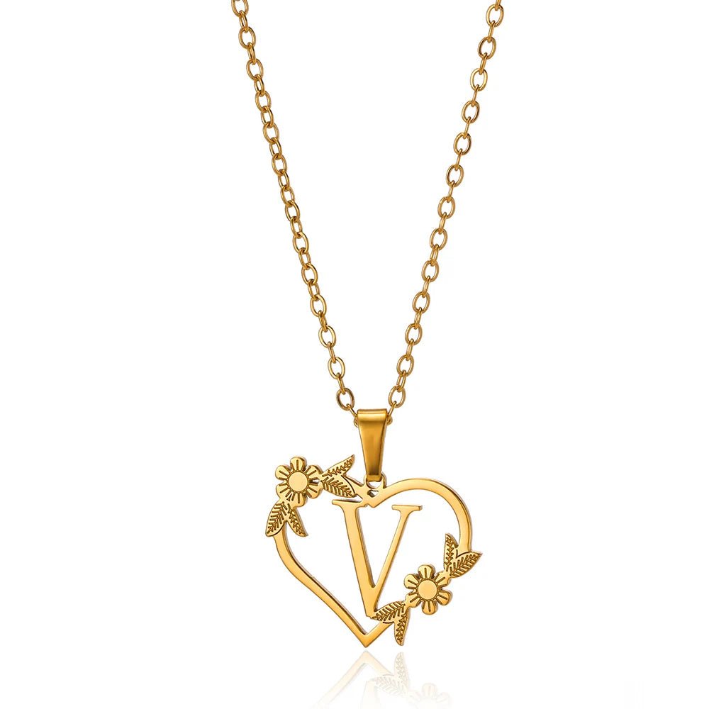 Delicate Floral Initial Heart Pendant Necklace