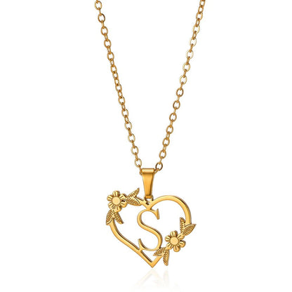 Delicate Floral Initial Heart Pendant Necklace