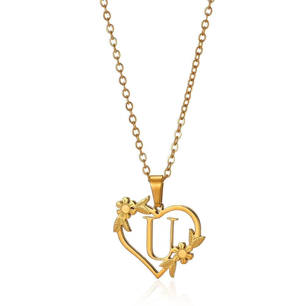 Delicate Floral Initial Heart Pendant Necklace