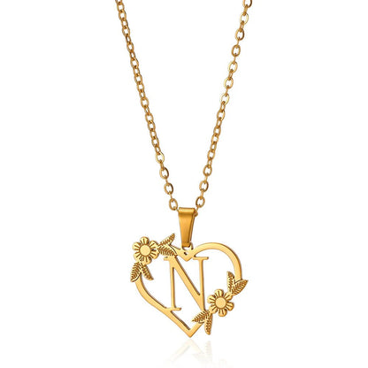 Delicate Floral Initial Heart Pendant Necklace