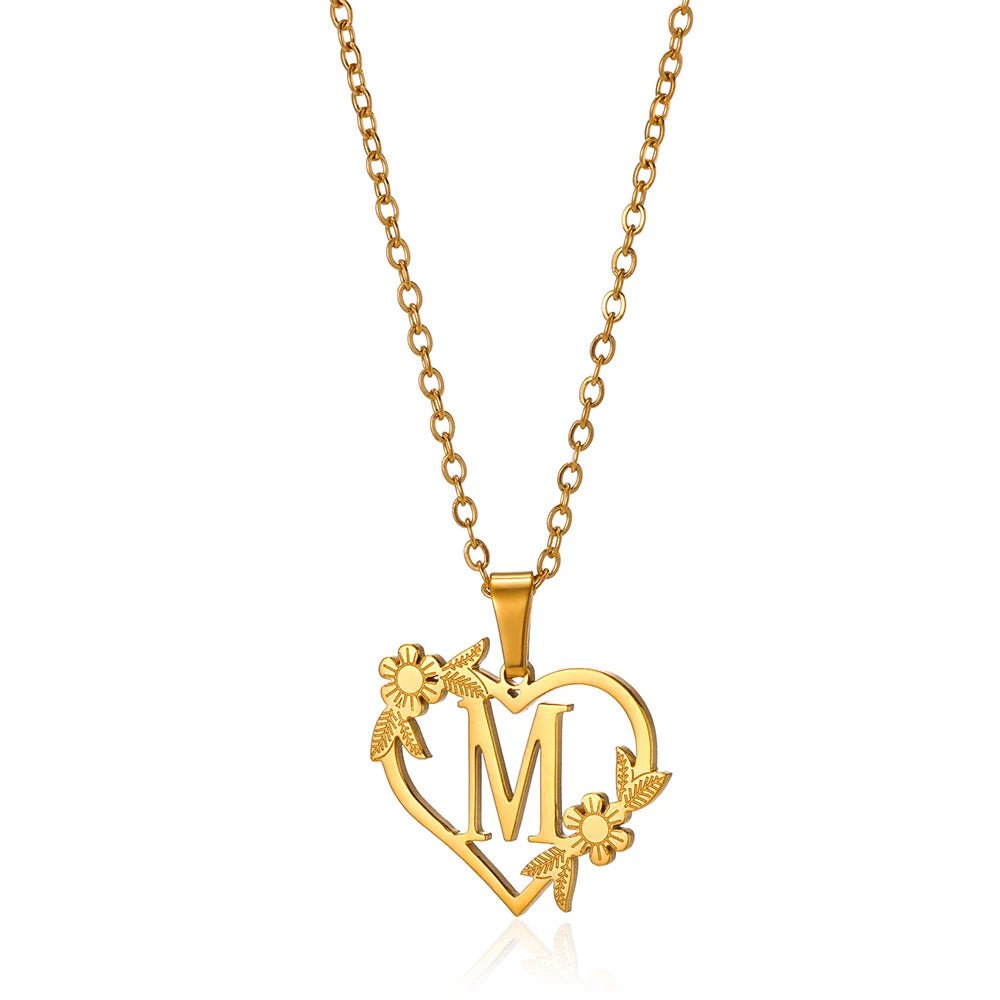 Delicate Floral Initial Heart Pendant Necklace