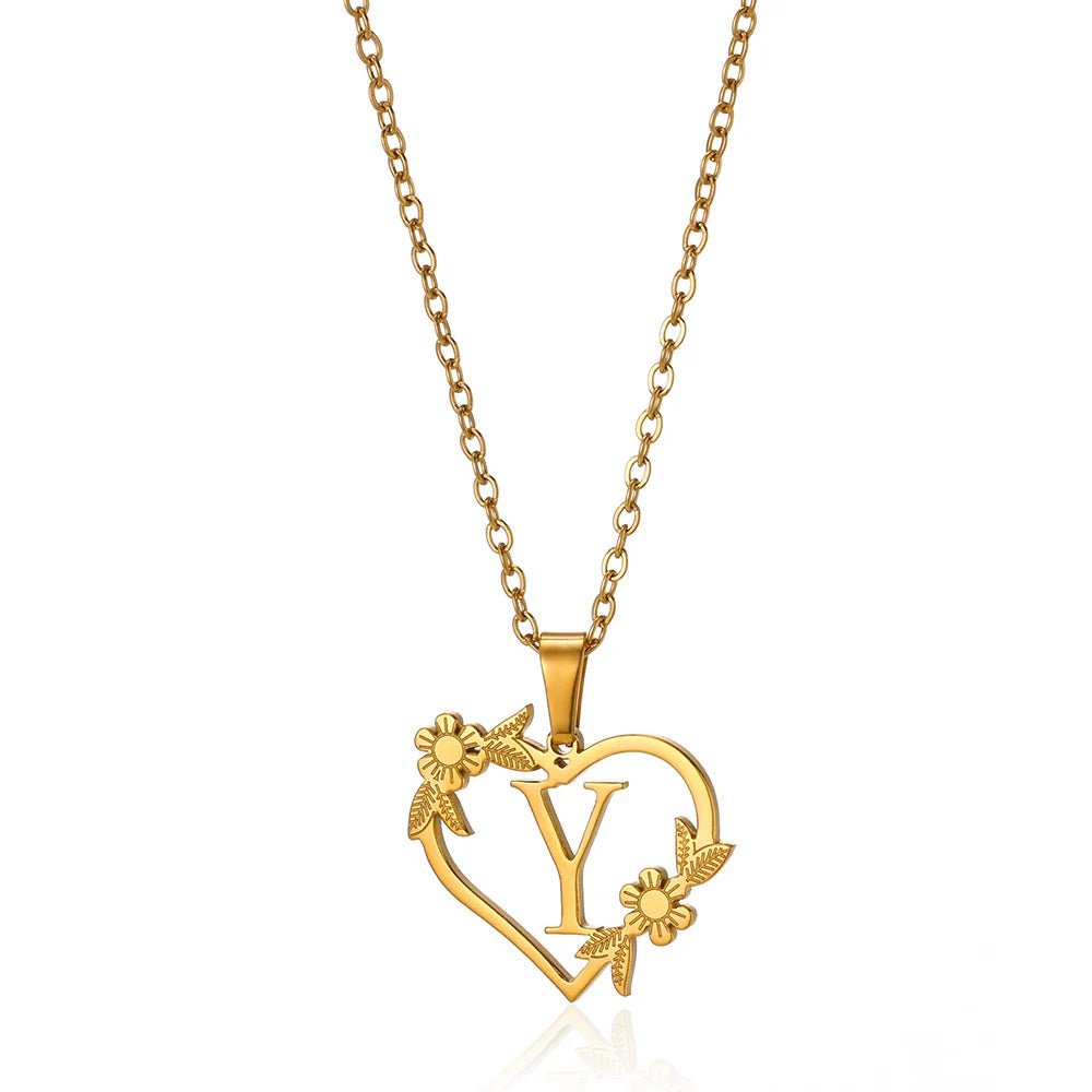 Delicate Floral Initial Heart Pendant Necklace