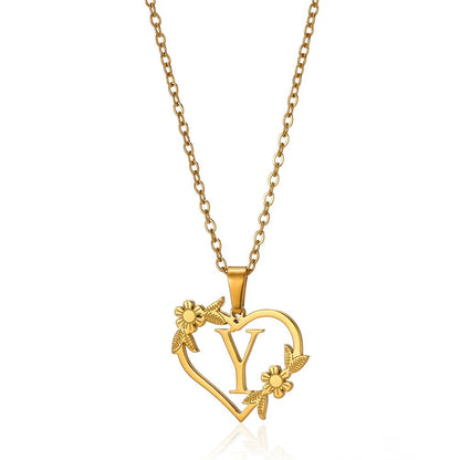 Delicate Floral Initial Heart Pendant Necklace