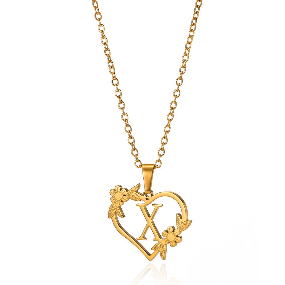 Delicate Floral Initial Heart Pendant Necklace