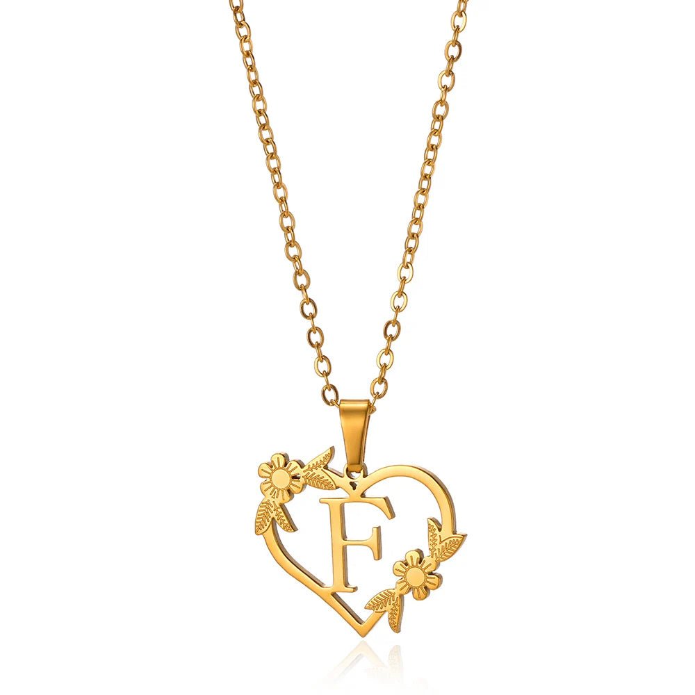 Delicate Floral Initial Heart Pendant Necklace