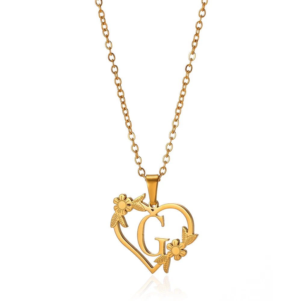 Delicate Floral Initial Heart Pendant Necklace