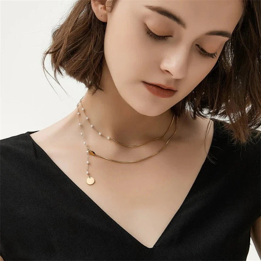 Elegant Multi Layer Pearl Herringbone Chain Necklace - Halri