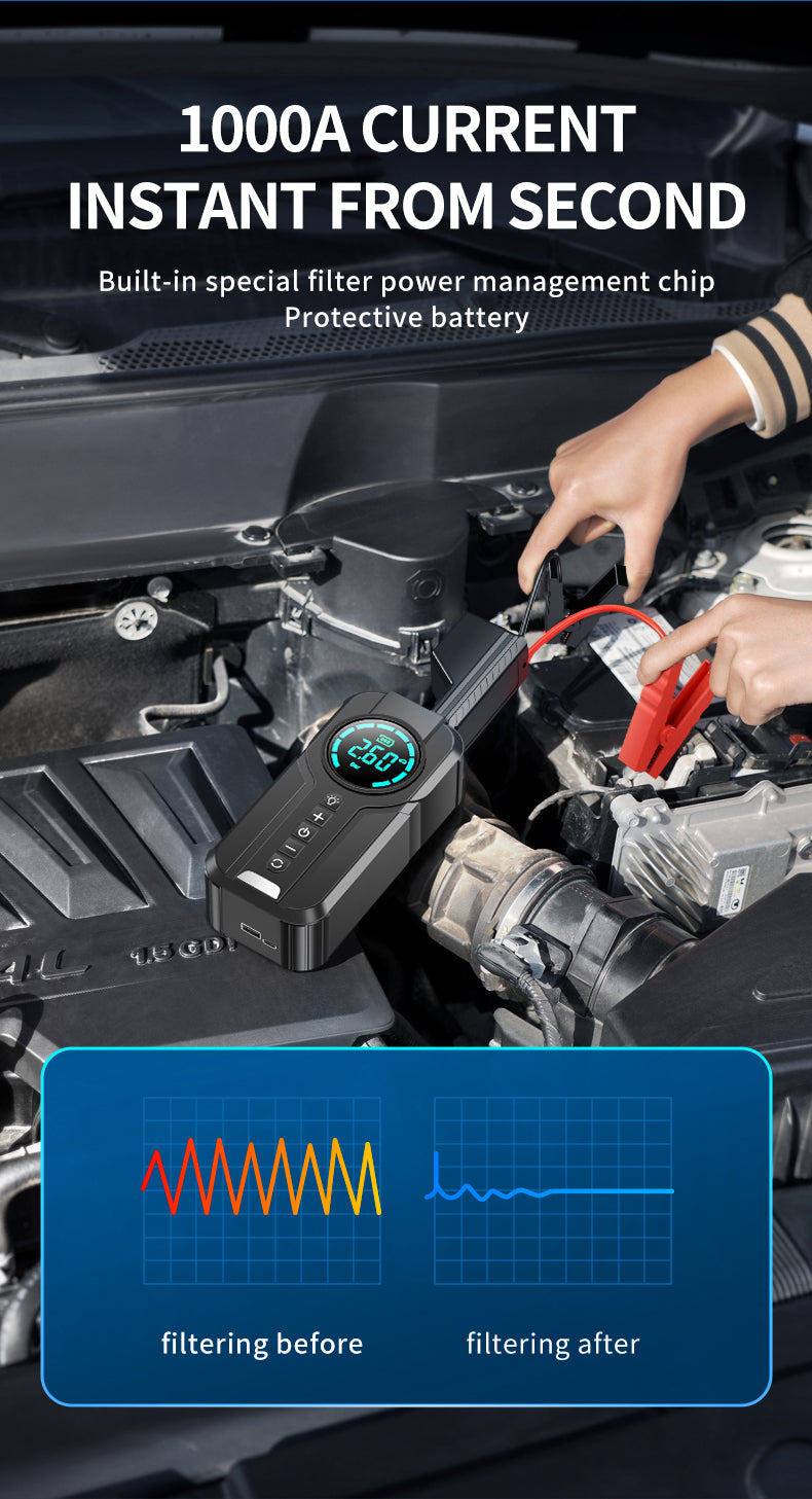 Compact Car Battery Booster with Air Pump & LED Light
