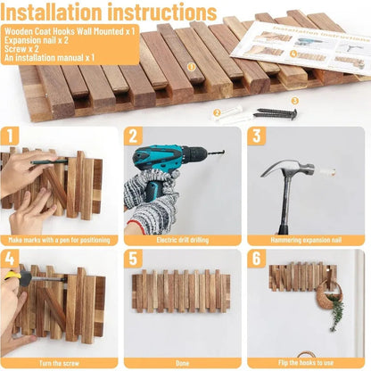 Traditional Wooden Wall Hook Rack with 8 Hooks