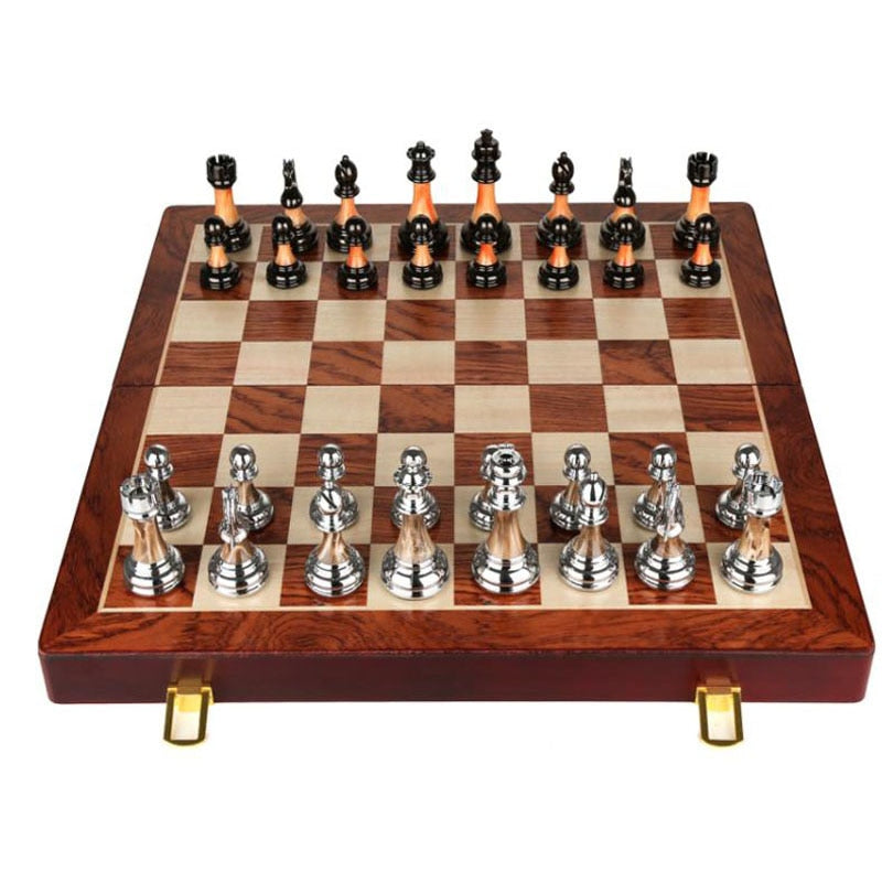 Premium Wooden Chess Board with Large Metal Pieces