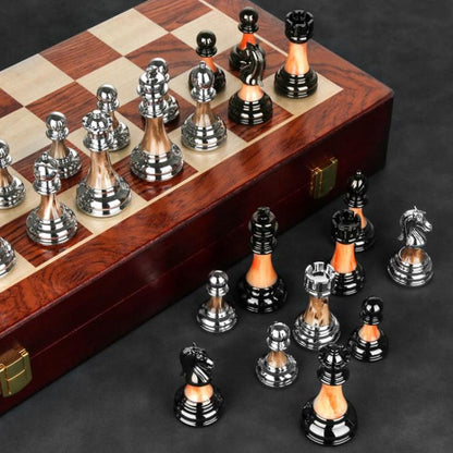Premium Wooden Chess Board with Large Metal Pieces
