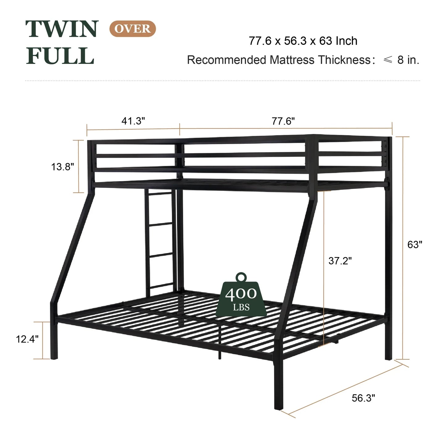 Space Saving Metal Bunk Bed Frame With Sturdy Ladder