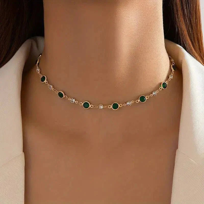 Green Gemstone and Diamond Dainty Choker Necklace - Halri