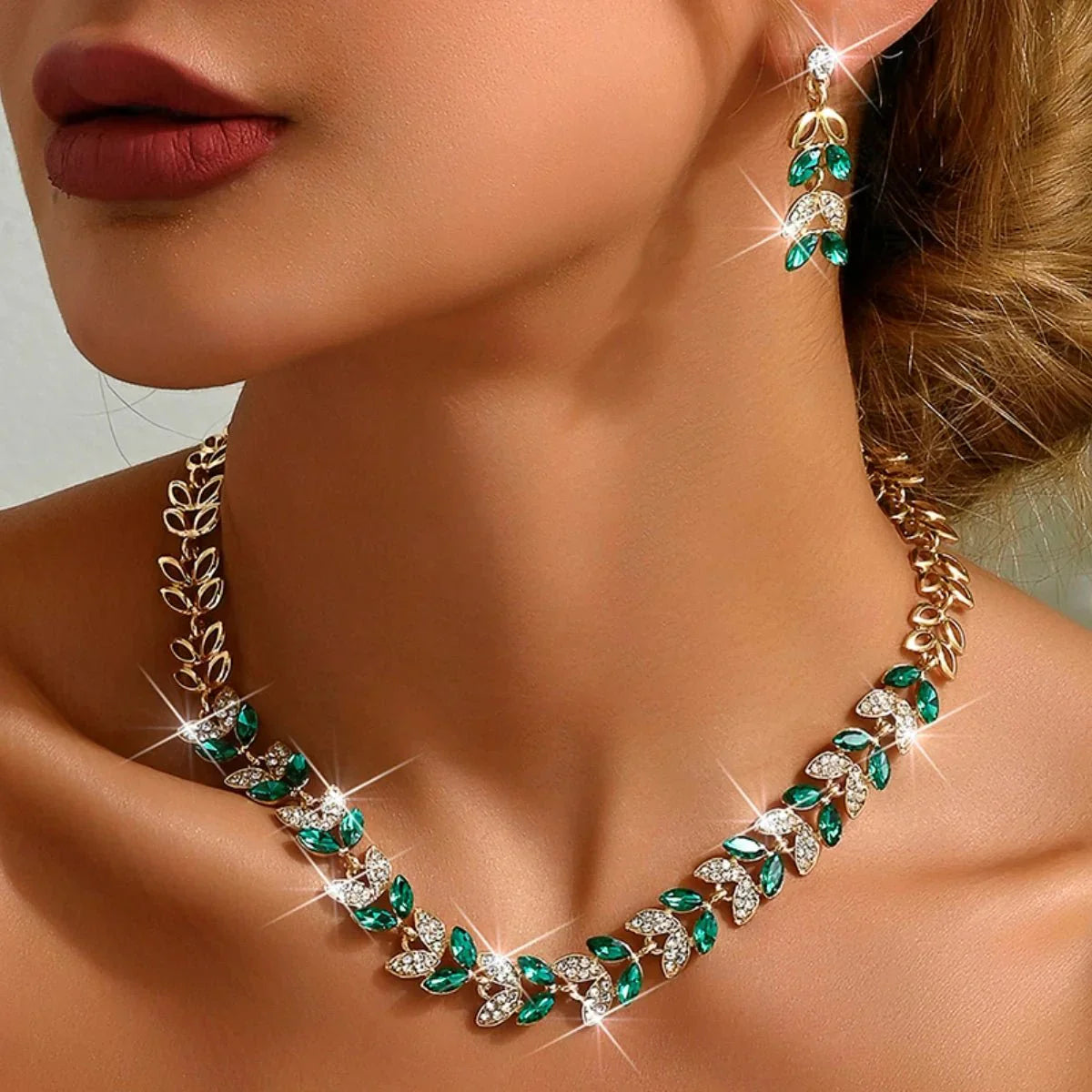 Green Gemstone Diamond Necklace Earrings Set - Halri