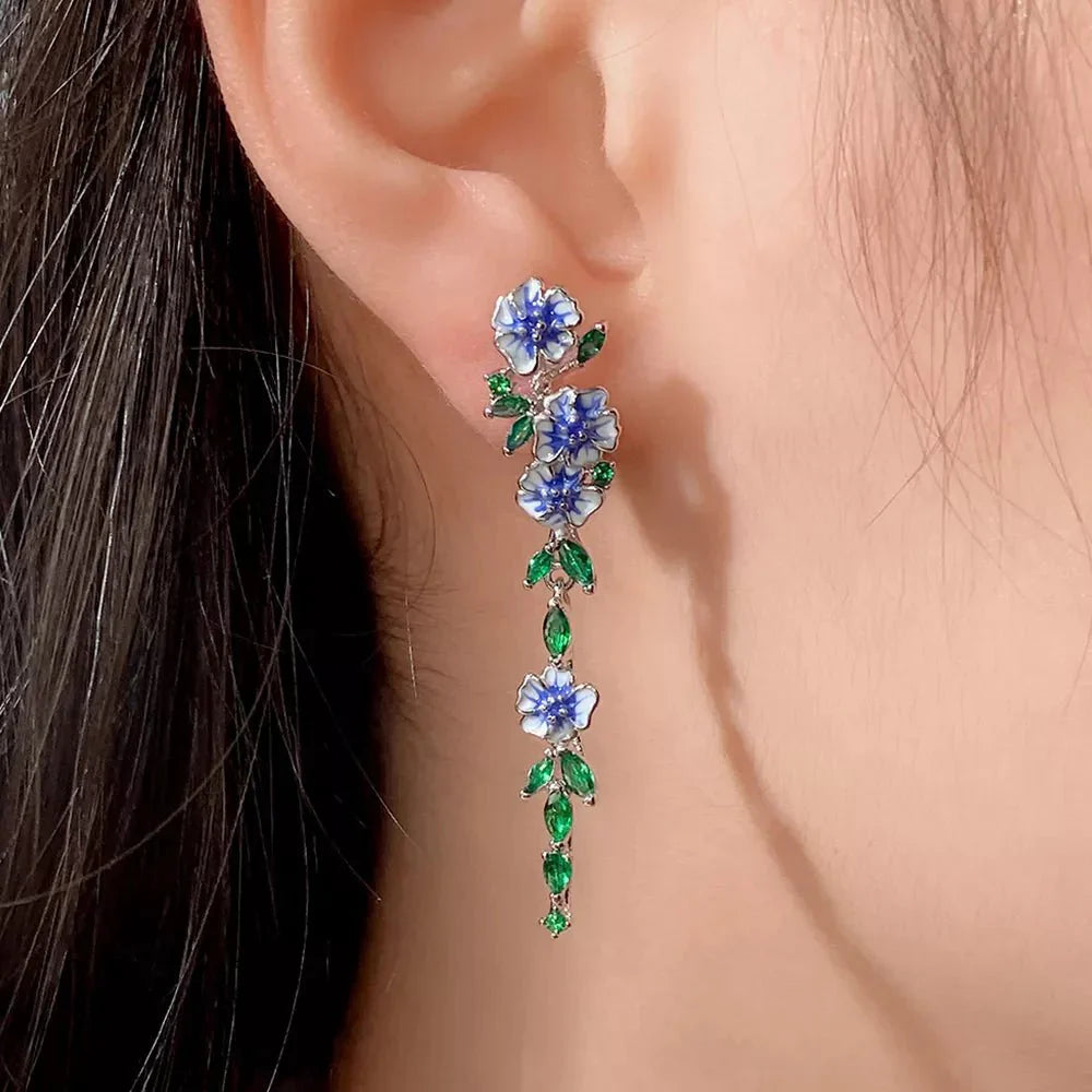 Shiny Navy Flower Drop Earrings - Halri