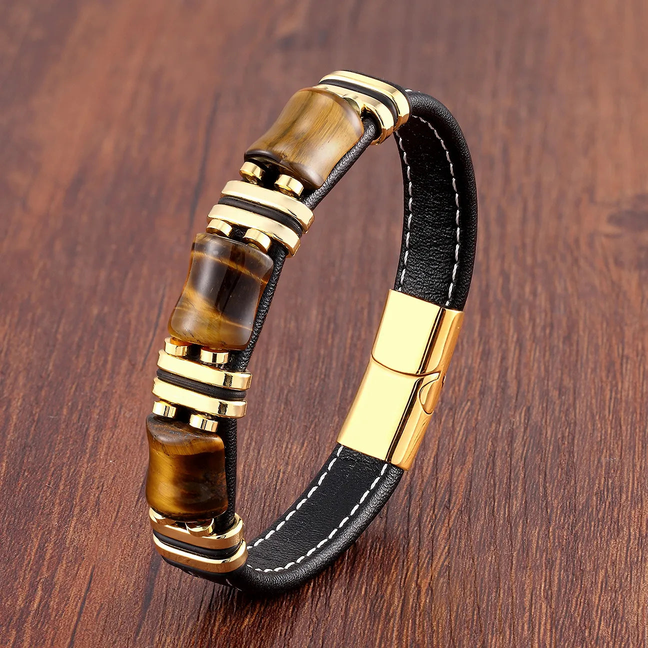 Brown Leather Tiger Eye Beaded Mens Bracelet