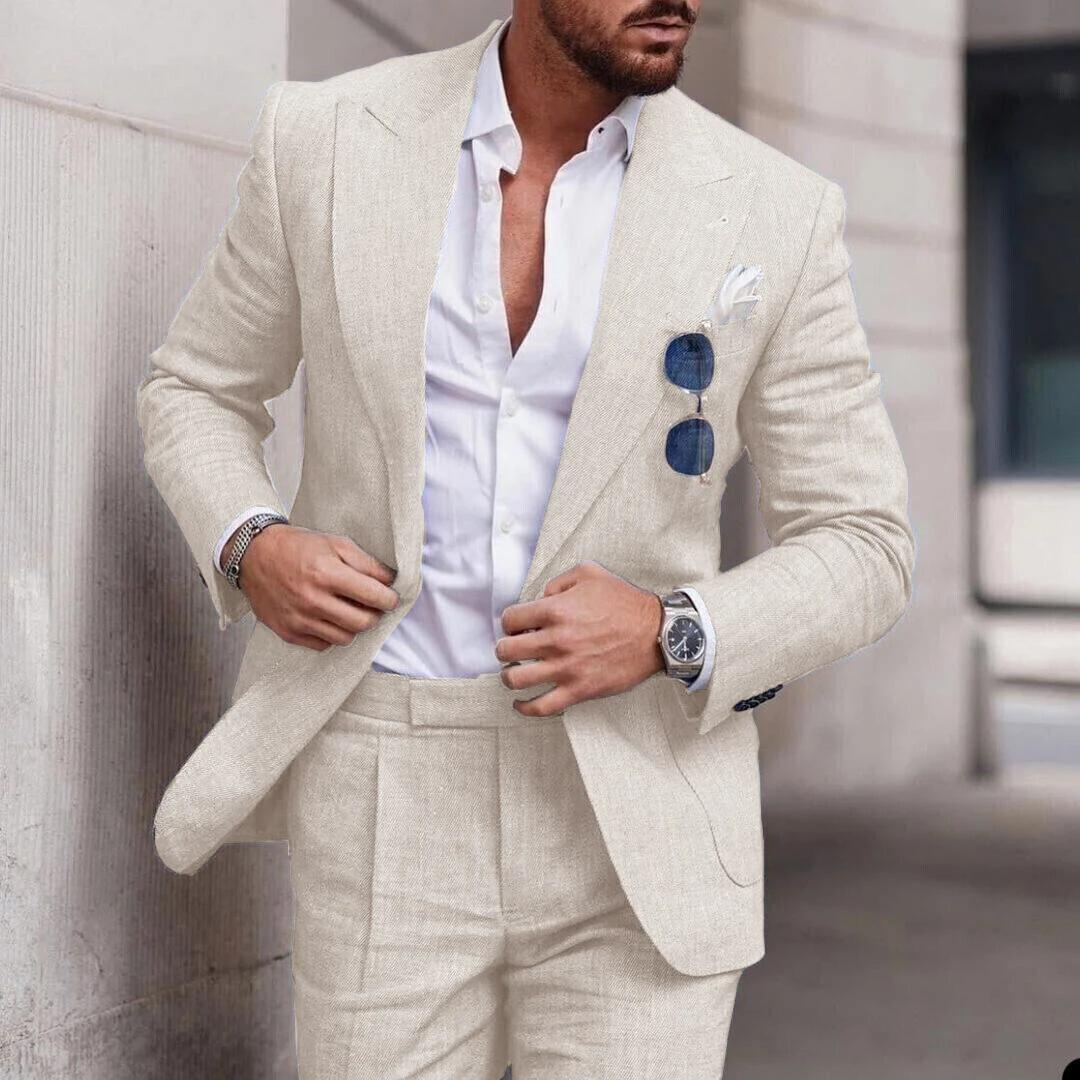 Classic Linen Mens Wedding Suit Two Piece