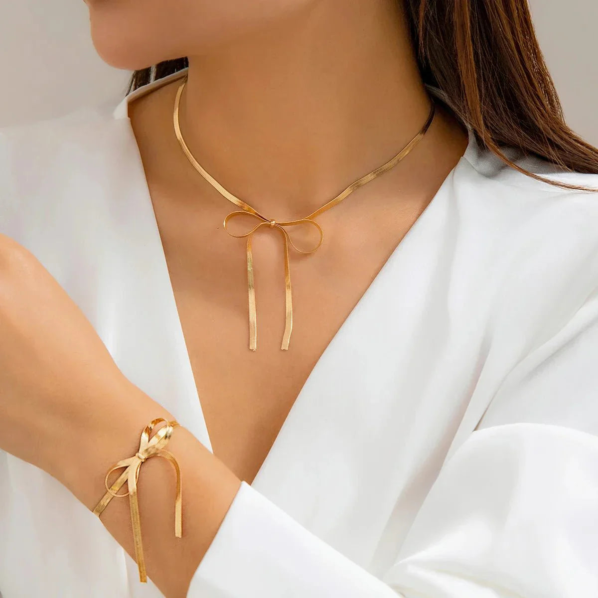 Classic Herringbone Chain Bow Jewelry Set - Halri