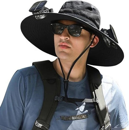 Mens Outdoor Hat with Cooling Fan and Extra Wide Brim - Halri