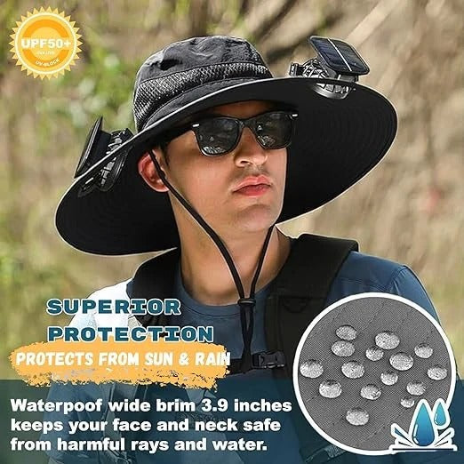 Mens Outdoor Hat with Cooling Fan and Extra Wide Brim