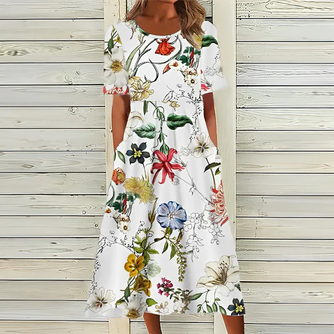 Elegant Floral Print White Dress - Befez