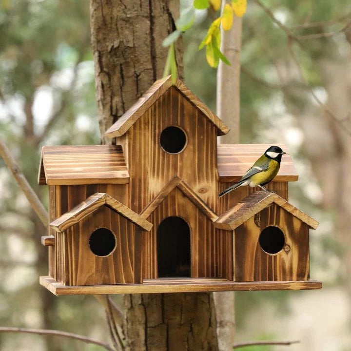 Natural Wooden Bird Feeder with 6 Nesting Holes - Halri
