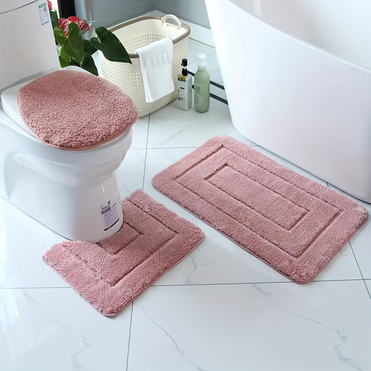 Plush Bathroom Mat Set - Anti-Slip, Fast Dry, Machine Washable