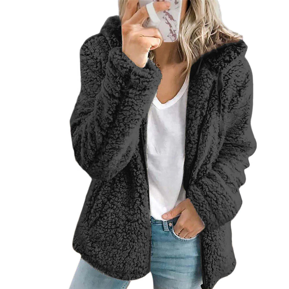 Warm Faux Fur Teddy Coat with Pockets and Zipper