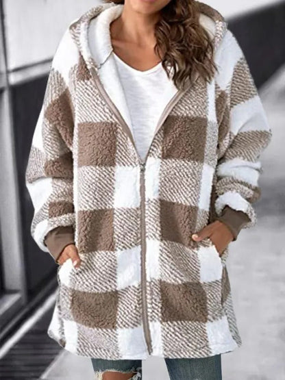 Relaxed Fit Plaid Hooded Coat for Women