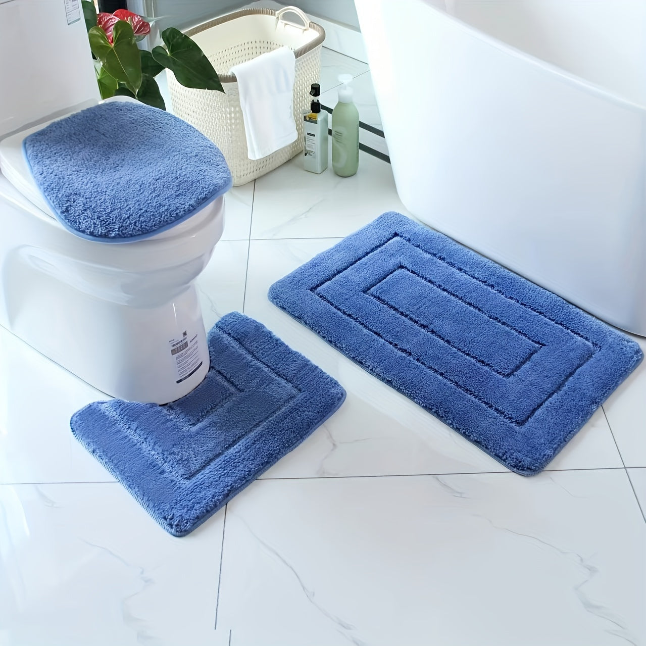 Plush Bathroom Mat Set - Anti-Slip, Fast Dry, Machine Washable