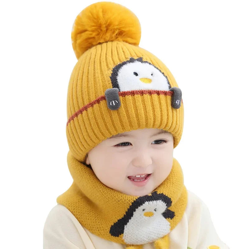 Cozy Kid's Penguin Knit Hat and Scarf Set