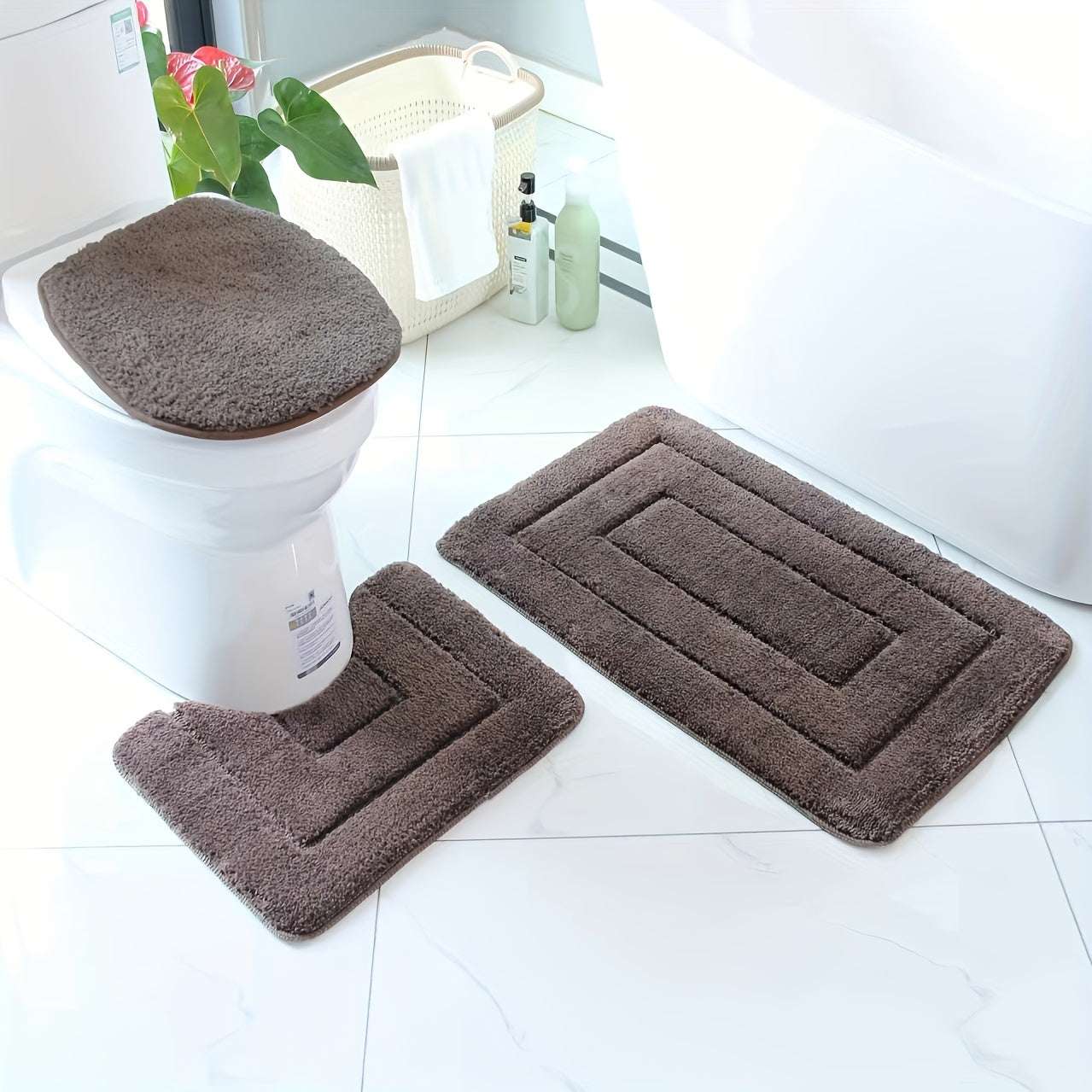 Plush Bathroom Mat Set - Anti-Slip, Fast Dry, Machine Washable