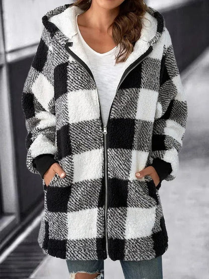 Large Plaid Hooded Coat for Women - Befez