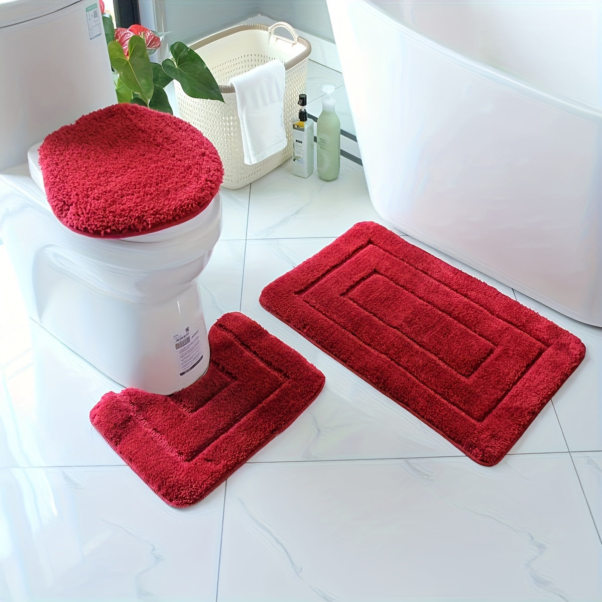 Plush Bathroom Mat Set - Anti-Slip, Fast Dry, Machine Washable