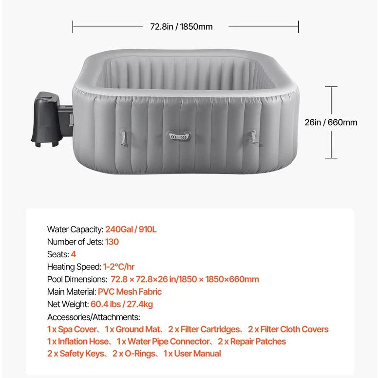 Large Inflatable Outdoor Hot Tub Spa for 6