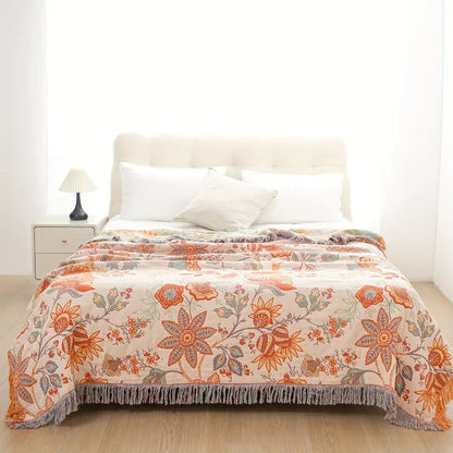 Boho Floral Cotton Throw Blanket – Soft Cream with Orange and Blue Flowers, Machine Washable, Versatile Home Decor 2