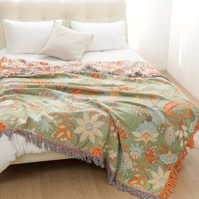 Boho Floral Cotton Throw Blanket – Soft Cream with Orange and Blue Flowers, Machine Washable, Versatile Home Decor 6