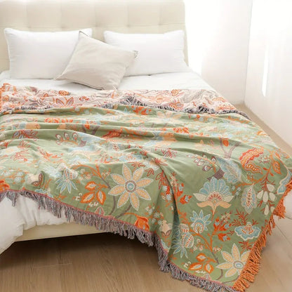Boho Floral Cotton Throw Blanket – Soft Cream with Orange and Blue Flowers, Machine Washable, Versatile Home Decor 6