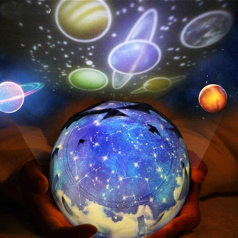 Glowing celestial ball with planet projections on a dark background