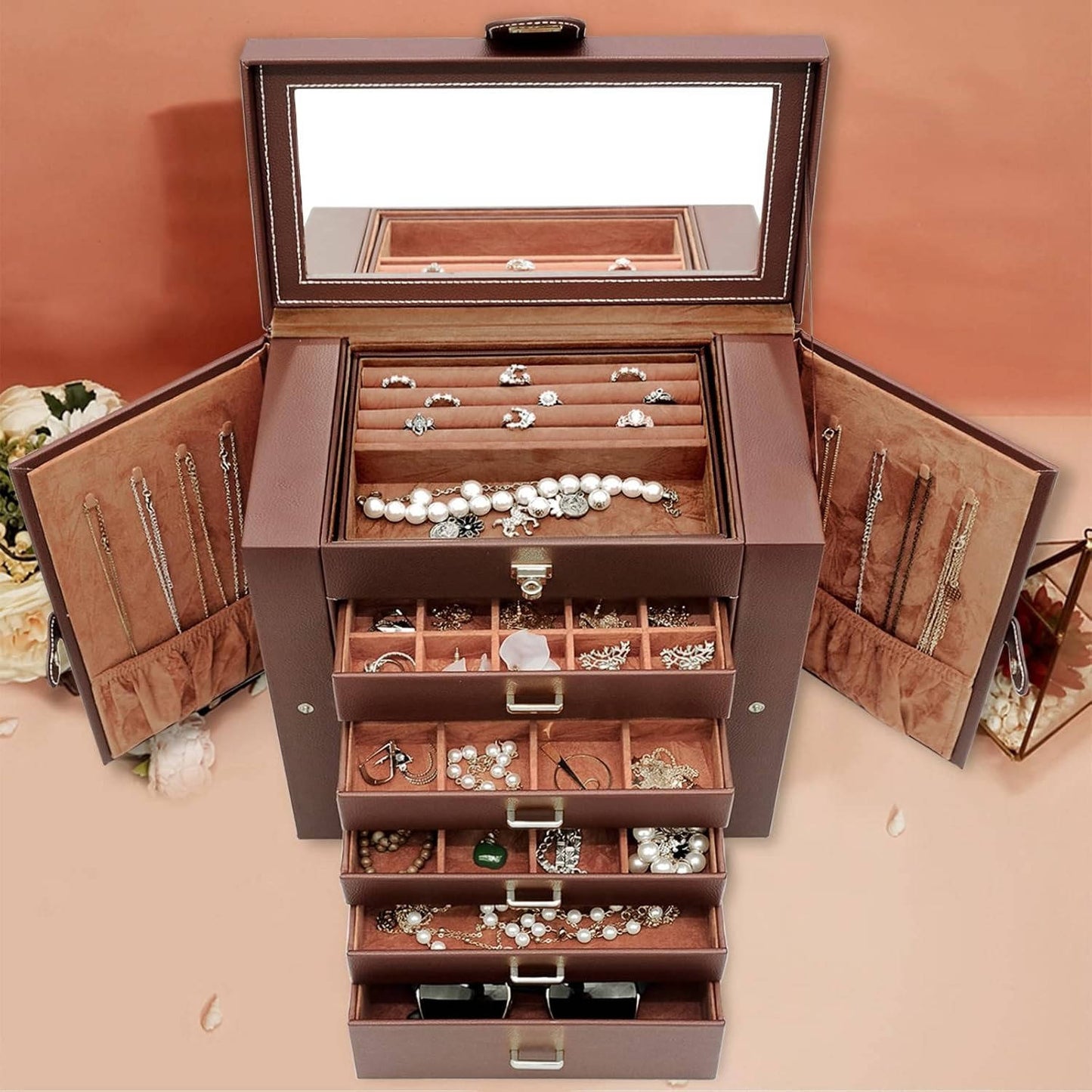 Spacious 6 Tier Luxury Leather Jewellery Case